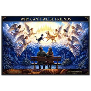 Why Can’t We Be Friends – Souls With 4 Legs – 24×36 Framed Heavenly Dog & Cat Art – God’s Whisper Studio